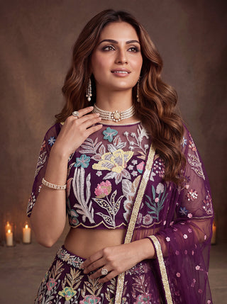 Wine Soft Net Lehenga Choli with Thread & Sequin Embroidery ClothsVilla