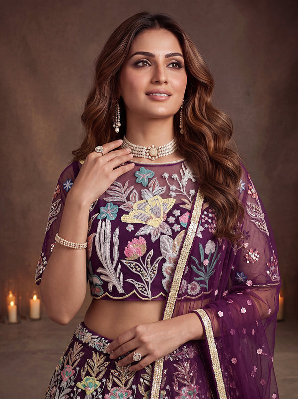 Wine Soft Net Lehenga Choli with Thread & Sequin Embroidery ClothsVilla