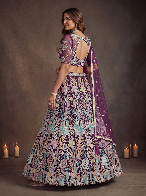 Wine Soft Net Lehenga Choli with Thread & Sequin Embroidery ClothsVilla