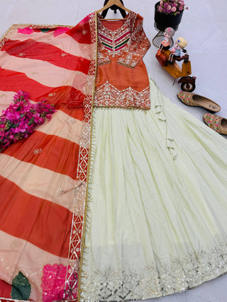 Embroidered Top with Crepe Silk Lehenga & Printed Organza Dupatta – Rust Orange & Teal Blue ClothsVilla