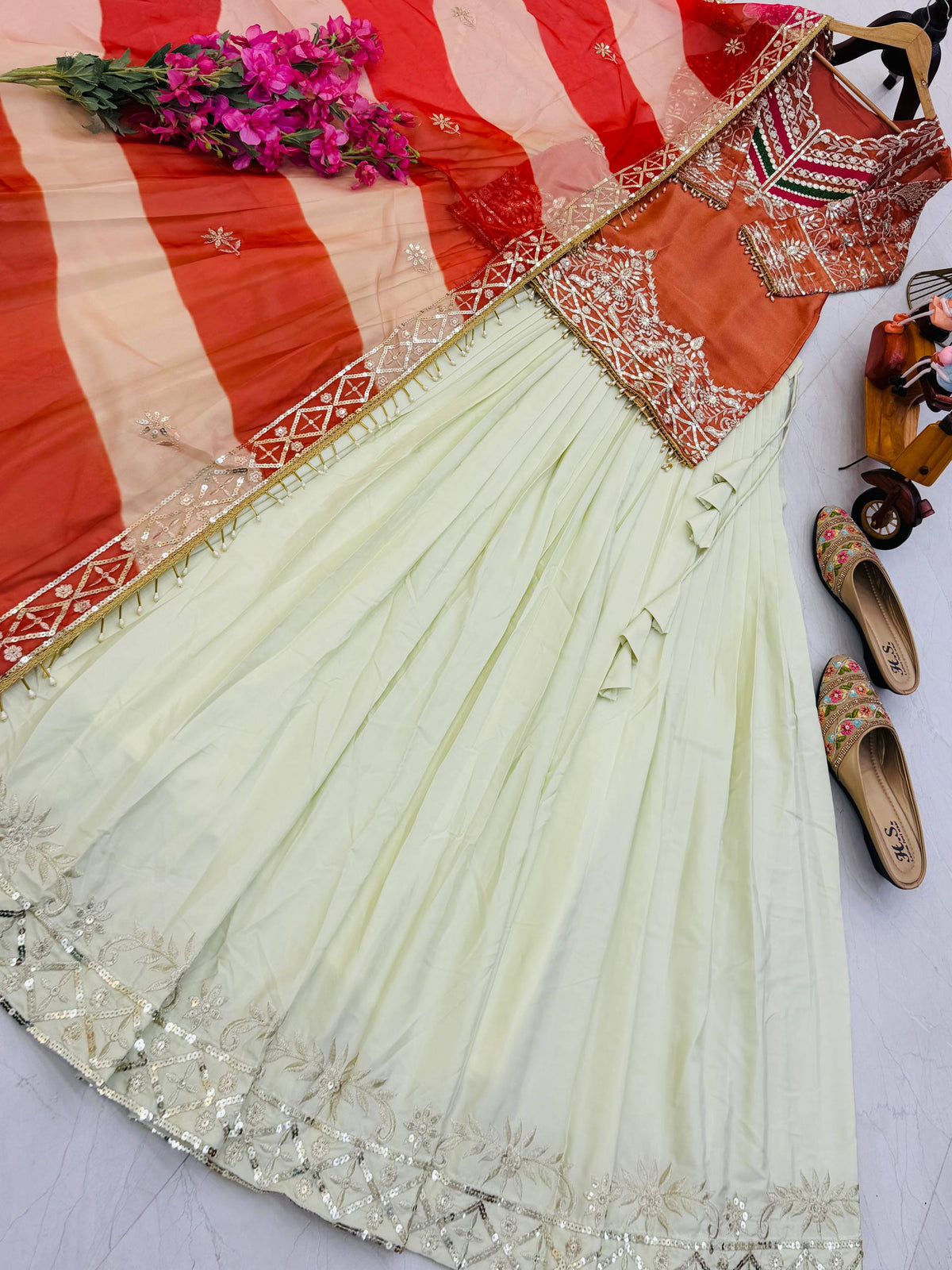 Embroidered Top with Crepe Silk Lehenga & Printed Organza Dupatta – Rust Orange & Teal Blue ClothsVilla