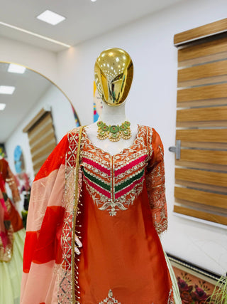 Embroidered Top with Crepe Silk Lehenga & Printed Organza Dupatta – Rust Orange & Teal Blue ClothsVilla