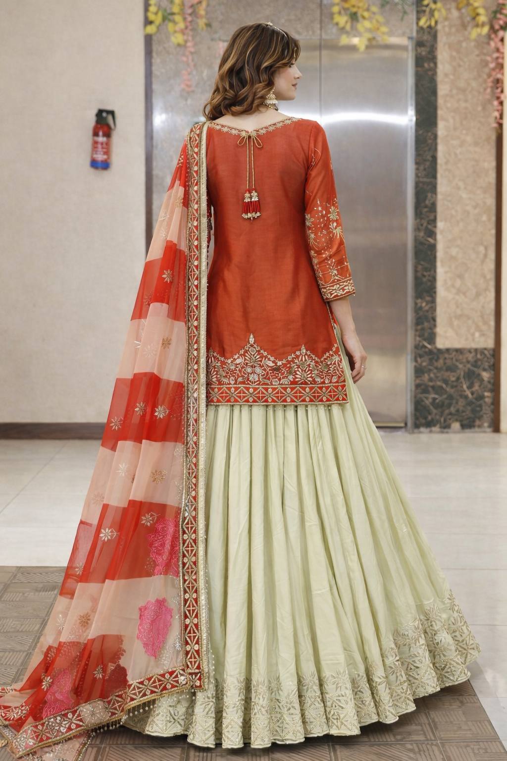 Embroidered Top with Crepe Silk Lehenga & Printed Organza Dupatta – Rust Orange & Teal Blue ClothsVilla