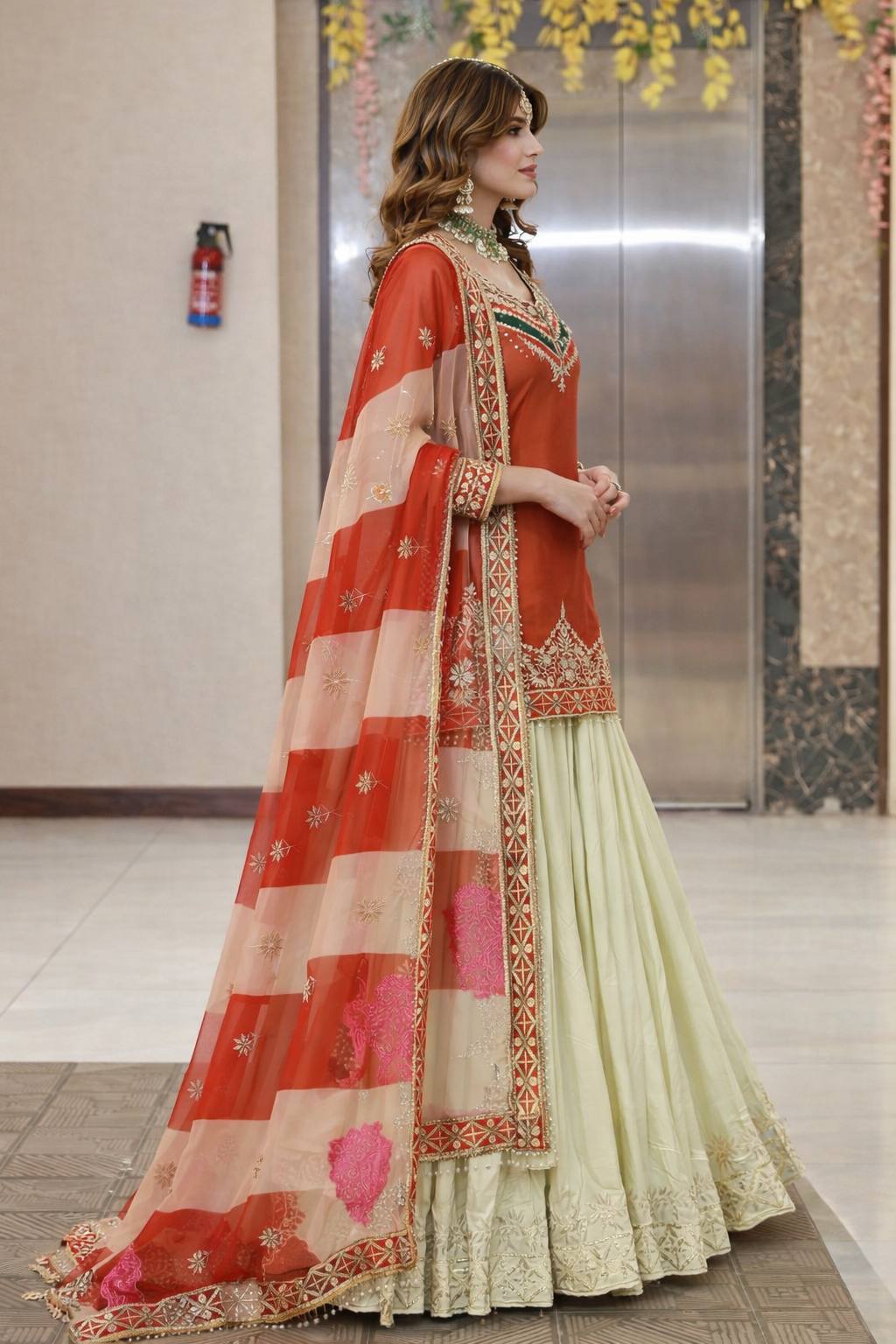 Embroidered Top with Crepe Silk Lehenga & Printed Organza Dupatta – Rust Orange & Teal Blue ClothsVilla