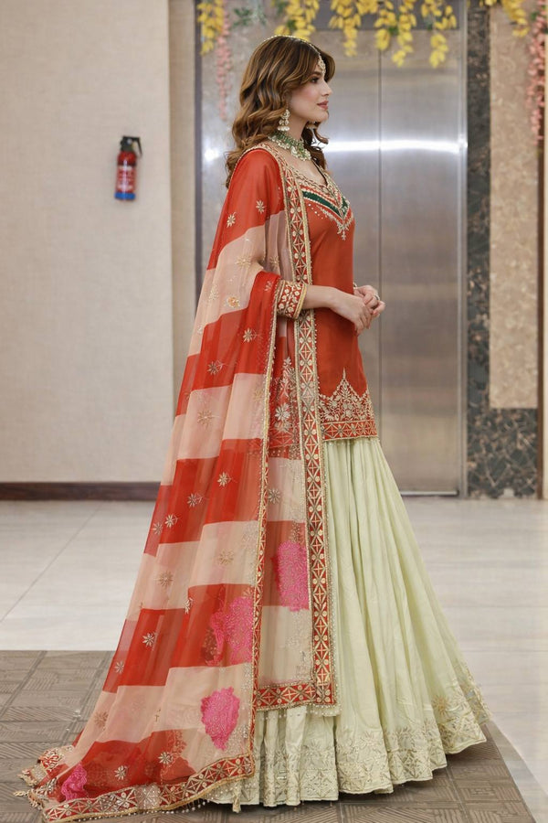 Embroidered Top with Crepe Silk Lehenga & Printed Organza Dupatta – Rust Orange & Teal Blue ClothsVilla