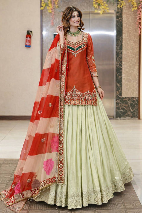 Embroidered Top with Crepe Silk Lehenga & Printed Organza Dupatta – Rust Orange & Teal Blue ClothsVilla Main image