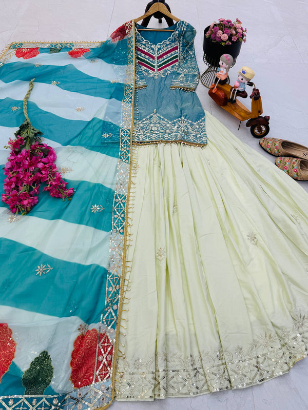 Embroidered Top with Crepe Silk Lehenga & Printed Organza Dupatta – Rust Orange & Teal Blue ClothsVilla