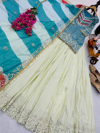 Embroidered Top with Crepe Silk Lehenga & Printed Organza Dupatta – Rust Orange & Teal Blue ClothsVilla