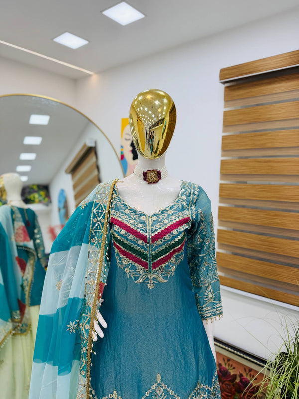 Embroidered Top with Crepe Silk Lehenga & Printed Organza Dupatta – Rust Orange & Teal Blue ClothsVilla