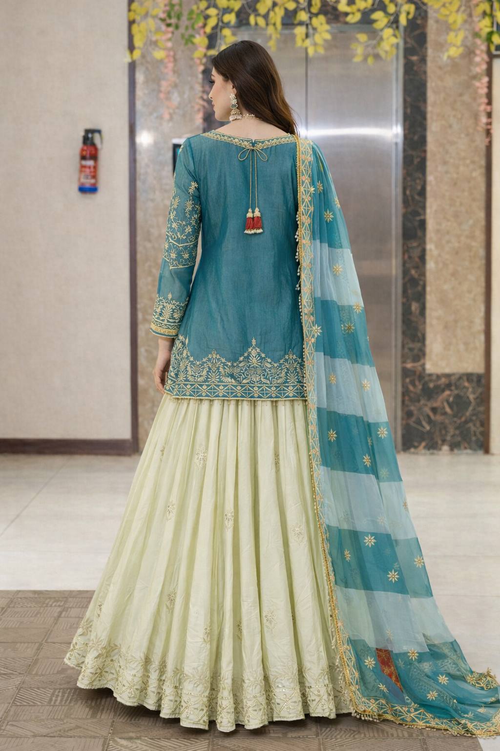 Embroidered Top with Crepe Silk Lehenga & Printed Organza Dupatta – Rust Orange & Teal Blue ClothsVilla