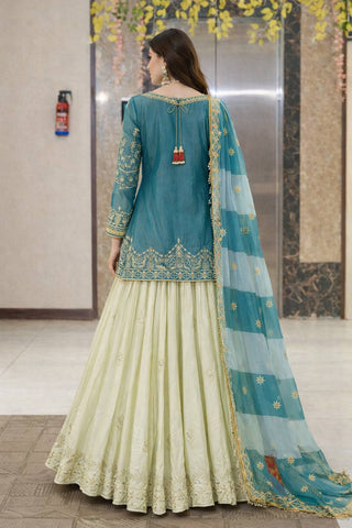 Embroidered Top with Crepe Silk Lehenga & Printed Organza Dupatta – Rust Orange & Teal Blue ClothsVilla