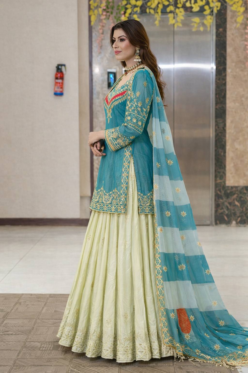 Embroidered Top with Crepe Silk Lehenga & Printed Organza Dupatta – Rust Orange & Teal Blue ClothsVilla