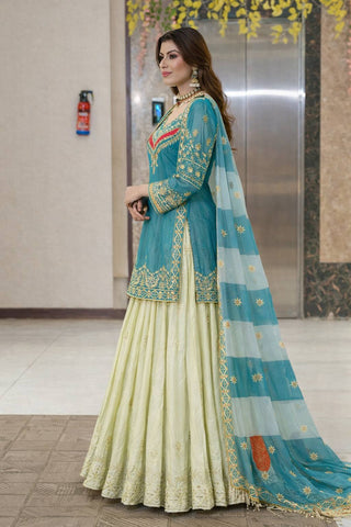 Embroidered Top with Crepe Silk Lehenga & Printed Organza Dupatta – Rust Orange & Teal Blue ClothsVilla