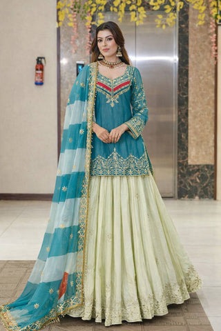Embroidered Top with Crepe Silk Lehenga & Printed Organza Dupatta – Rust Orange & Teal Blue ClothsVilla