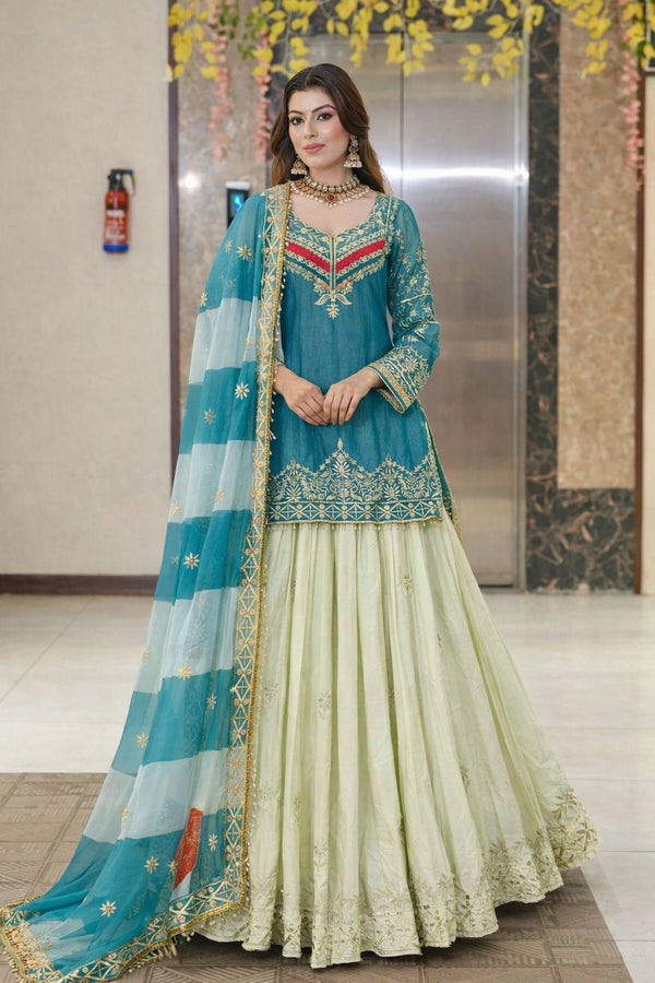 Embroidered Top with Crepe Silk Lehenga & Printed Organza Dupatta – Rust Orange & Teal Blue ClothsVilla