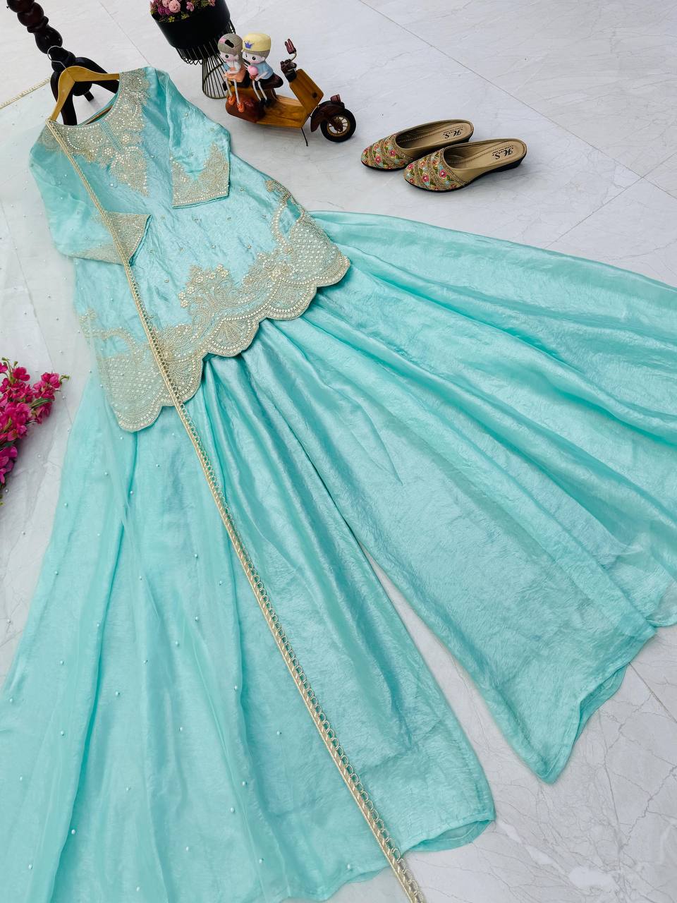 Silk-Finish Embroidered Palazzo Suit with Net Dupatta – Blush Pink, Lime Green, Aqua Blue & Lavender ClothsVilla