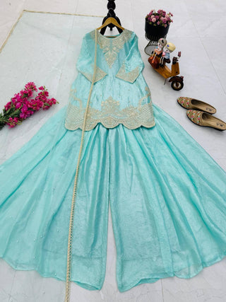 Silk-Finish Embroidered Palazzo Suit with Net Dupatta – Blush Pink, Lime Green, Aqua Blue & Lavender ClothsVilla