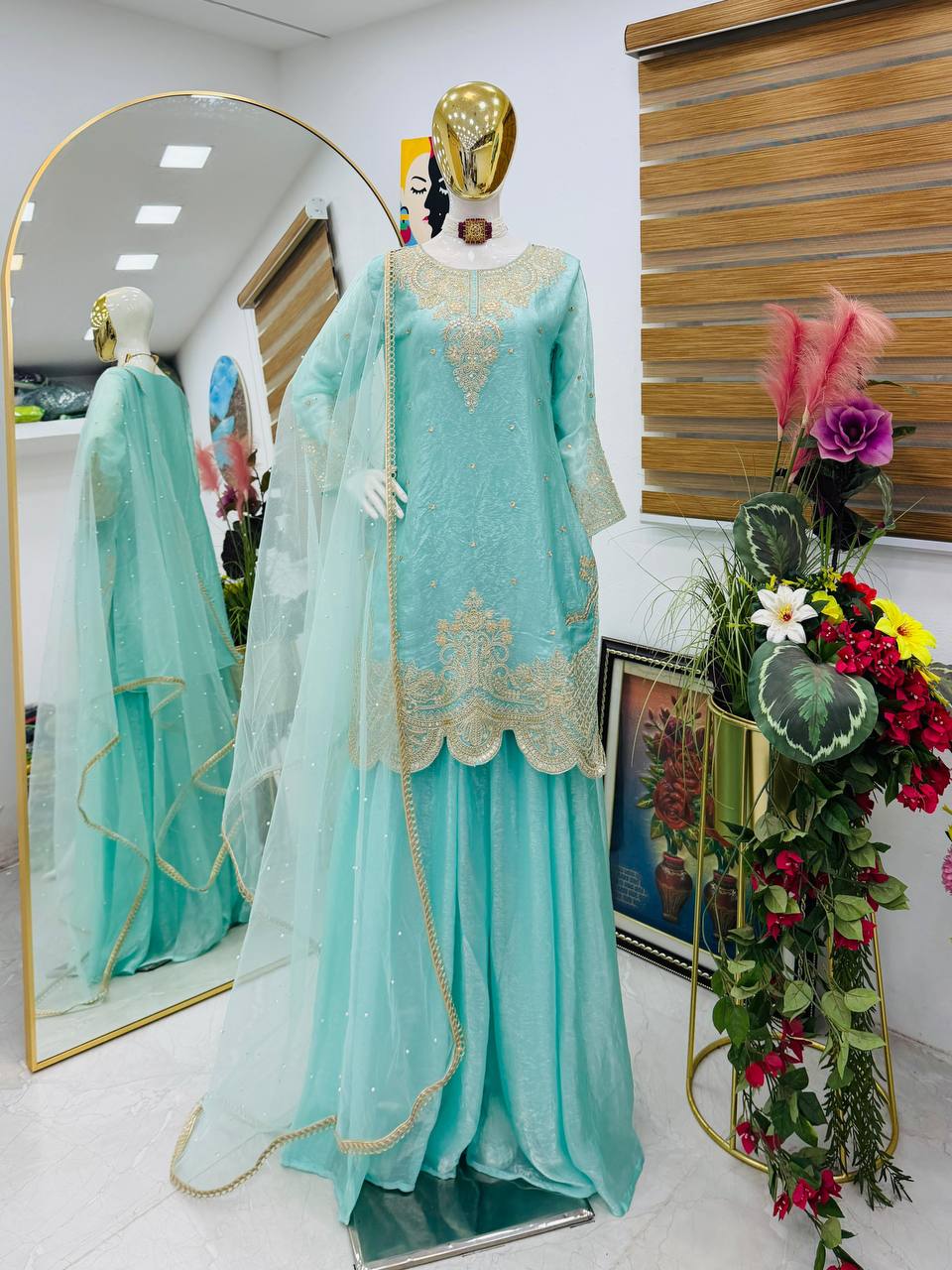 Silk-Finish Embroidered Palazzo Suit with Net Dupatta – Blush Pink, Lime Green, Aqua Blue & Lavender ClothsVilla