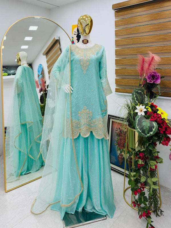 Silk-Finish Embroidered Palazzo Suit with Net Dupatta – Blush Pink, Lime Green, Aqua Blue & Lavender ClothsVilla