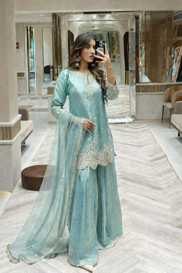 Silk-Finish Embroidered Palazzo Suit with Net Dupatta – Blush Pink, Lime Green, Aqua Blue & Lavender ClothsVilla