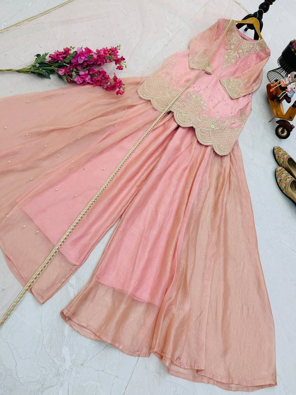 Silk-Finish Embroidered Palazzo Suit with Net Dupatta – Blush Pink, Lime Green, Aqua Blue & Lavender ClothsVilla