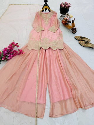Silk-Finish Embroidered Palazzo Suit with Net Dupatta – Blush Pink, Lime Green, Aqua Blue & Lavender ClothsVilla