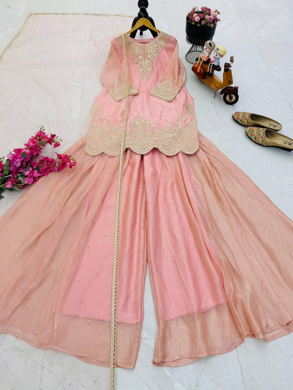 Silk-Finish Embroidered Palazzo Suit with Net Dupatta – Blush Pink, Lime Green, Aqua Blue & Lavender ClothsVilla