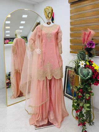 Silk-Finish Embroidered Palazzo Suit with Net Dupatta – Blush Pink, Lime Green, Aqua Blue & Lavender ClothsVilla
