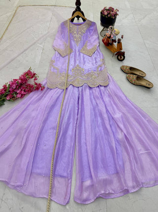 Silk-Finish Embroidered Palazzo Suit with Net Dupatta – Blush Pink, Lime Green, Aqua Blue & Lavender ClothsVilla