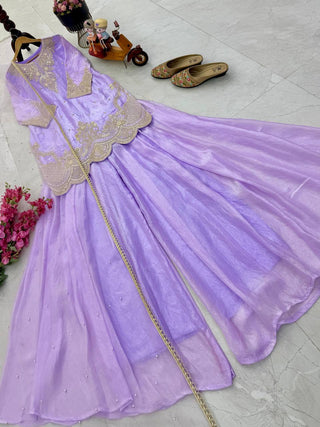 Silk-Finish Embroidered Palazzo Suit with Net Dupatta – Blush Pink, Lime Green, Aqua Blue & Lavender ClothsVilla