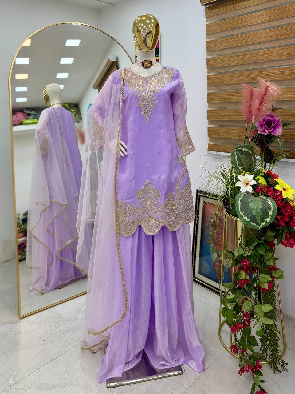 Silk-Finish Embroidered Palazzo Suit with Net Dupatta – Blush Pink, Lime Green, Aqua Blue & Lavender ClothsVilla