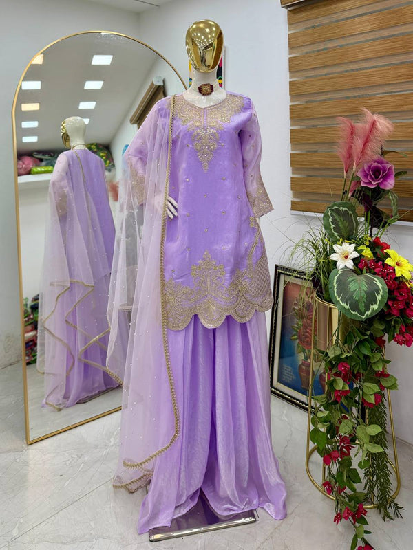 Silk-Finish Embroidered Palazzo Suit with Net Dupatta – Blush Pink, Lime Green, Aqua Blue & Lavender ClothsVilla