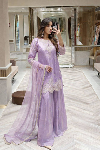 Silk-Finish Embroidered Palazzo Suit with Net Dupatta – Blush Pink, Lime Green, Aqua Blue & Lavender ClothsVilla