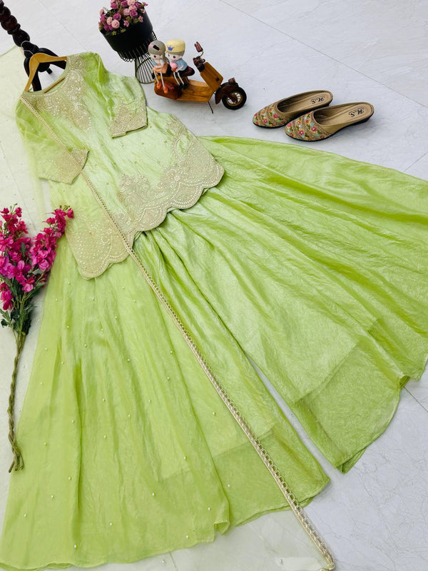 Silk-Finish Embroidered Palazzo Suit with Net Dupatta – Blush Pink, Lime Green, Aqua Blue & Lavender ClothsVilla