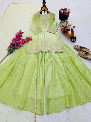 Silk-Finish Embroidered Palazzo Suit with Net Dupatta – Blush Pink, Lime Green, Aqua Blue & Lavender ClothsVilla