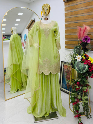 Silk-Finish Embroidered Palazzo Suit with Net Dupatta – Blush Pink, Lime Green, Aqua Blue & Lavender ClothsVilla