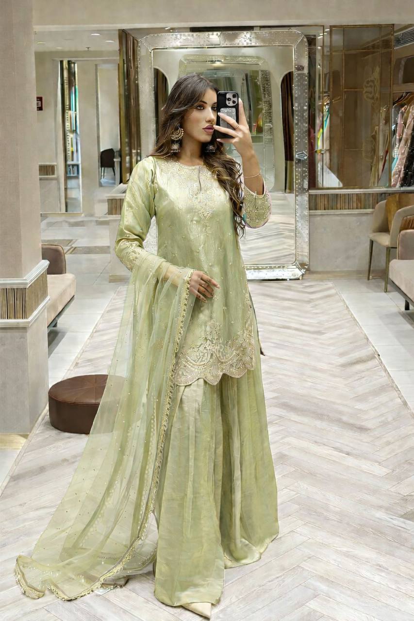 Silk-Finish Embroidered Palazzo Suit with Net Dupatta – Blush Pink, Lime Green, Aqua Blue & Lavender ClothsVilla