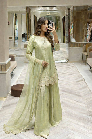 Silk-Finish Embroidered Palazzo Suit with Net Dupatta – Blush Pink, Lime Green, Aqua Blue & Lavender ClothsVilla
