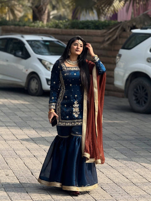 Cord & Sequin Embroidered Palazzo Suit with Lace Dupatta – Royal Blue, Black, Purple & Wine ClothsVilla Main image
