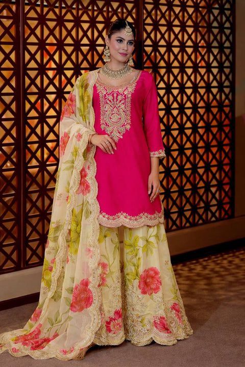 Chinon Silk Embroidered Floral Palazzo Suit & Organza Dupatta – Rani Pink & Lime Yellow ClothsVilla Main image