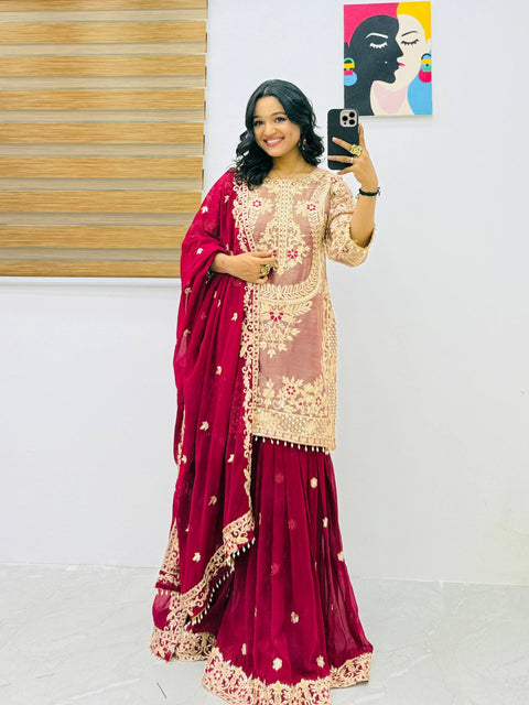 Silk-Finish Embroidered Top & Georgette Palazzo Dupatta Set – Wine Maroon & Royal Purple ClothsVilla Main image