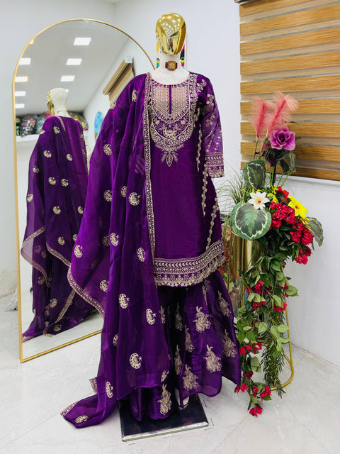 ZC-8019 Royal Purple sequin embroidered palazzo suit with dupatta - mannequin full view Main image
