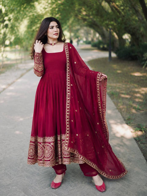 ZC-8020 Wine Maroon Fox Georgette Embroidered Gown Pant Dupatta Set ClothsVilla Main image