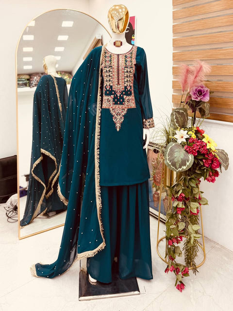 ZC-8021 Deep Teal Fox Georgette Embroidered Palazzo Suit Dupatta Set ClothsVilla Main image