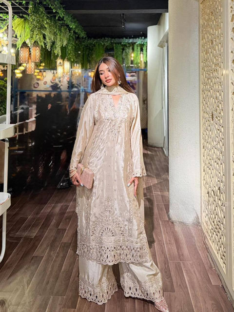 ZC-8022 Ivory Cream Chinon Silk Embroidered Sharara Suit Dupatta Set ClothsVilla Main image