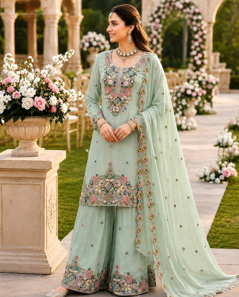 ZC-8025 Mal Chanderi Floral Embroidered Sharara Suit Dupatta Set – Mint Green, Powder Blue & Baby Pink ClothsVilla Main image