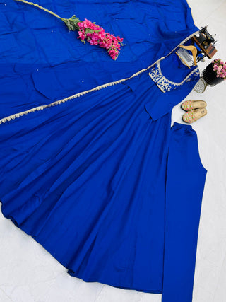 BLUEBERRY Royal Blue Roman Silk Chanderi Embroidered Gown Jacket Dupatta Set ClothsVilla
