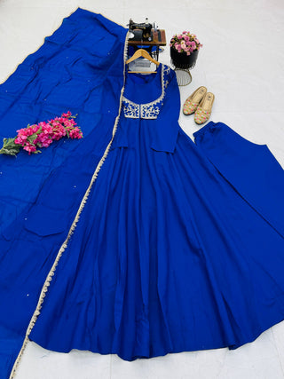 BLUEBERRY Royal Blue Roman Silk Chanderi Embroidered Gown Jacket Dupatta Set ClothsVilla