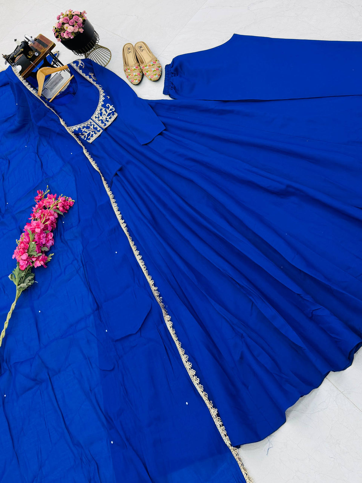 BLUEBERRY Royal Blue Roman Silk Chanderi Embroidered Gown Jacket Dupatta Set ClothsVilla