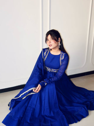 BLUEBERRY Royal Blue Roman Silk Chanderi Embroidered Gown Jacket Dupatta Set ClothsVilla